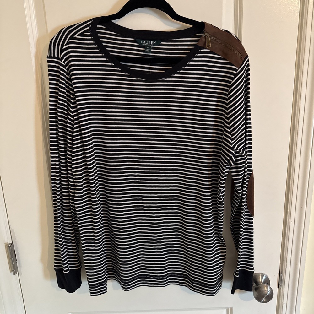 Lauren Ralph Lauren Women's 2XL Black White Striped Faux Suede LS T Shirt NWT
